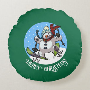 Merry Christmas! Editable Text Skiing Snowman Round Cushion