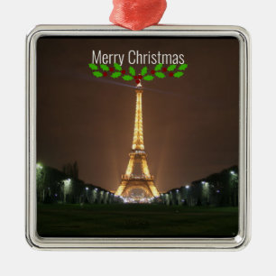 Merry Christmas - Eiffel Tower at night Metal Ornament
