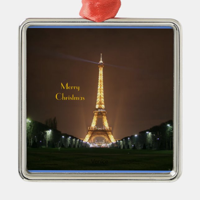 Merry Christmas - Eiffel Tower at night Metal Tree Decoration (Front)