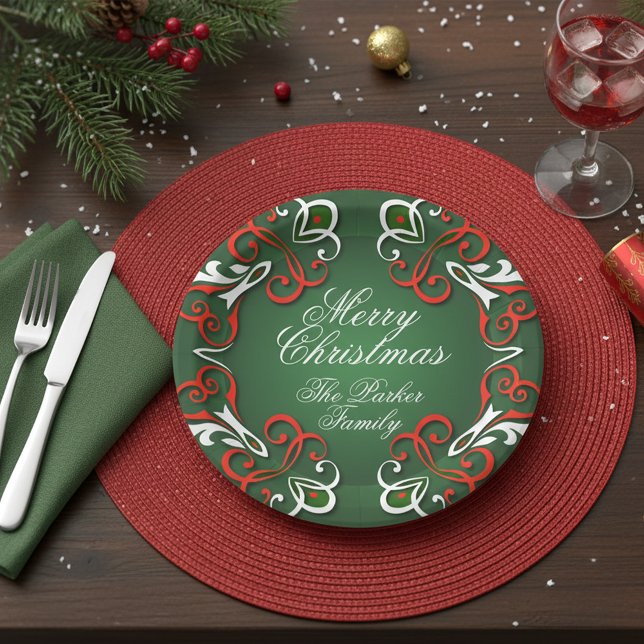 Merry Christmas Elegant Baroque Red Green White  Paper Plate (Creator Uploaded)