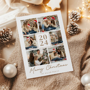 Merry Christmas Elegant Beige Family Photo Collage Holiday Card