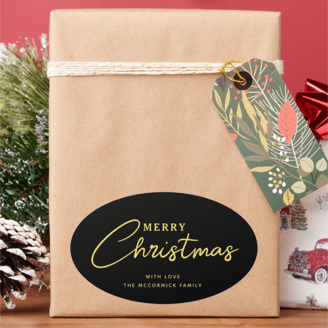 Merry Christmas Elegant Black And Gold Script Oval Sticker (Holiday)