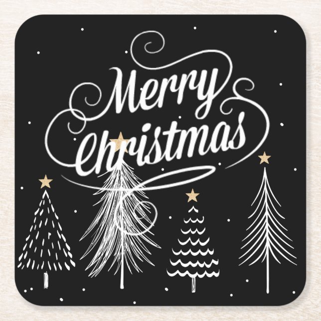Merry Christmas, elegant black and white, Square Paper Coaster (Front)