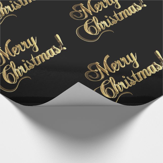 Merry Christmas Elegant Black Faux Gold Foil Text Wrapping Paper (Corner)