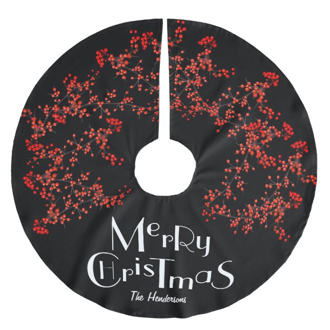 Merry Christmas Elegant Black with Holly Family Brushed Polyester Tree Skirt (Front)