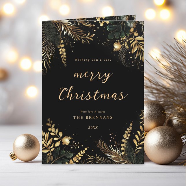 Merry Christmas Elegant Botanical Black Gold  Holiday Card (Merry Christmas Elegant Botanical Black Gold Holiday Card)