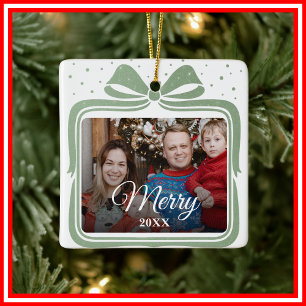 Merry Christmas Elegant Bow Present Photo Collage Ceramic Ornament