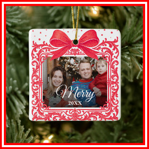  Merry Christmas Elegant Bow Present Photo Collage Ceramic Ornament