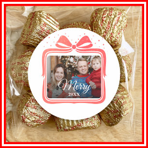  Merry Christmas Elegant Bow Present Photo Collage Classic Round Sticker