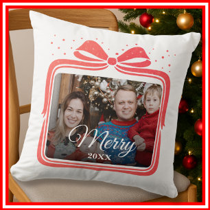 Merry Christmas Elegant Bow Present Photo Collage Cushion