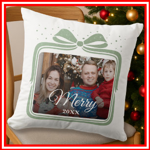 Merry Christmas Elegant Bow Present Photo Collage Cushion