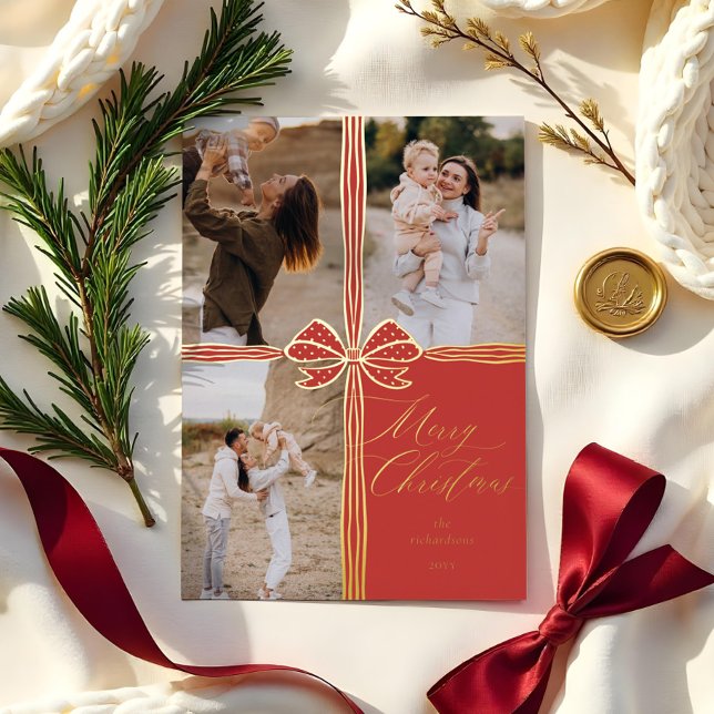 Merry Christmas Elegant Bow Present Photo Collage Foil Holiday Card (Merry Christmas Elegant Bow Present Photo Collage Foil Holiday Card)