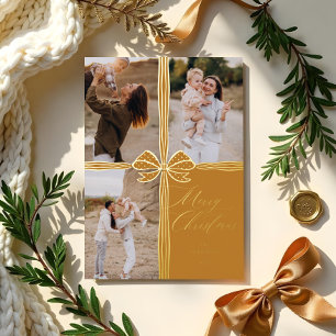 Merry Christmas Elegant Bow Present Photo Collage Foil Holiday Card