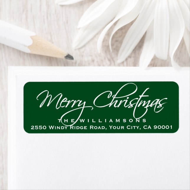 Merry Christmas Elegant Calligraphy Script Green Return Address Label (Insitu)