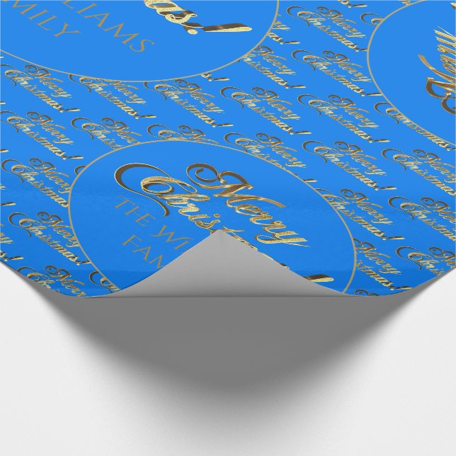 Merry Christmas Elegant Cerulean Blue Gold Script Wrapping Paper (Corner)