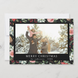 Merry Christmas Elegant Dark Floral Photo Holiday Card