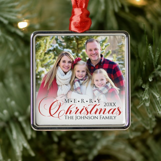 Merry Christmas Elegant Family Photo Keepsake Metal Ornament (Tree)
