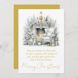 Merry Christmas Elegant Fireplace with Chandelier Holiday Card