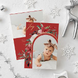 Merry Christmas | Elegant Floral Arch and Photo Foil Holiday Card<br><div class="desc">These beautiful holiday photo cards feature your favourite personal photo on the front, surrounded by a modern arch shape full of classic watercolor Christmas poinsettias, flowers, and greenery and the word "joy" in gold foil calligraphy on a festive red background. Traditional and elegant red green and white floral illustrations decorate...</div>