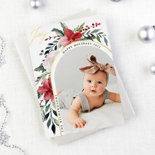 Merry Christmas | Elegant Floral Arch and Photo Foil Holiday Card (Creator Uploaded)