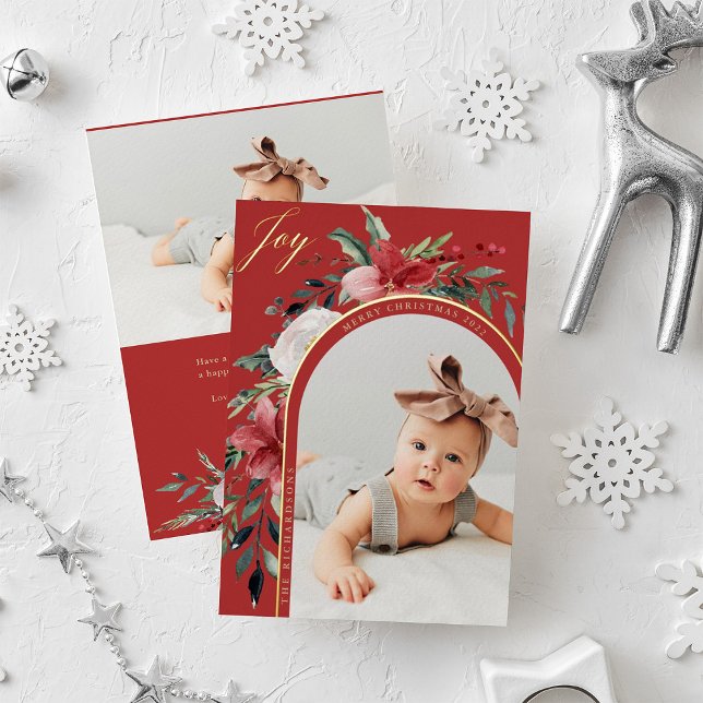 Merry Christmas | Elegant Floral Arch and Photo Foil Holiday Card (Creator Uploaded)