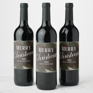 Merry Christmas Elegant Floral Berries Wine Label