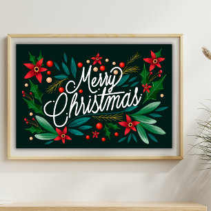 Merry Christmas Elegant Floral Calligraphy Script Poster