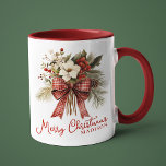 Merry Christmas Elegant Floral Personalised Name Mug<br><div class="desc">Merry Christmas Elegant Floral Personalised Name Holiday Coffee Mug features the text "Merry Christmas" in modern red calligraphy script typography accented with a bouquet of watercolor winter flowers with a plaid bow and personalised with your custom name below. Perfect for Christmas gifts, Christmas parties and holiday celebrations, birthdays and more....</div>