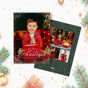 Merry Christmas elegant four photo snow frame Holiday Card