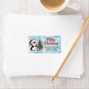 Merry Christmas Elegant Fun Penguin Red and Blue Label