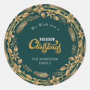 Merry Christmas Elegant Gold Arch Green Classic Round Sticker