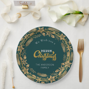 Merry Christmas Elegant Gold Arch Green Paper Plat Paper Plate