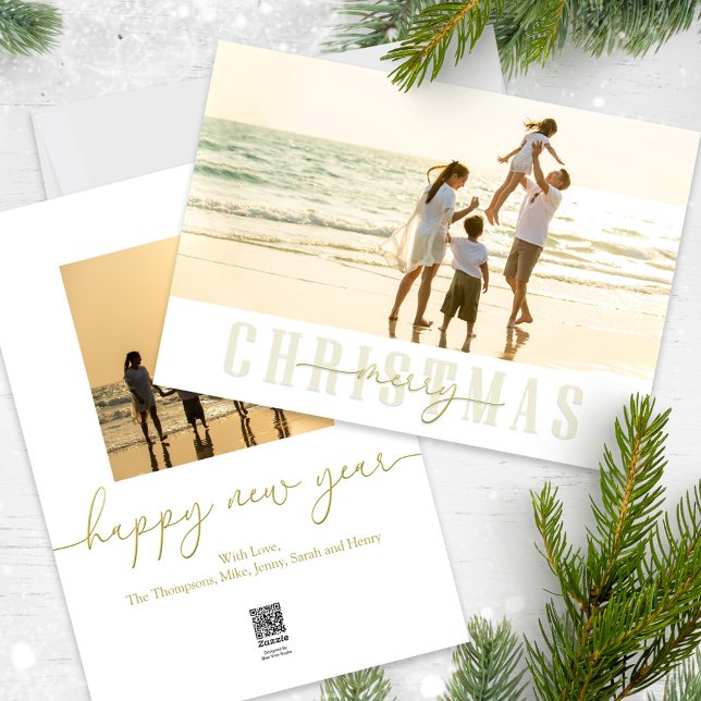 Merry Christmas Elegant Gold Calligraphy 2 Photo  Holiday Card (Merry Christmas gold typography-style photo card with a two-photo template. )