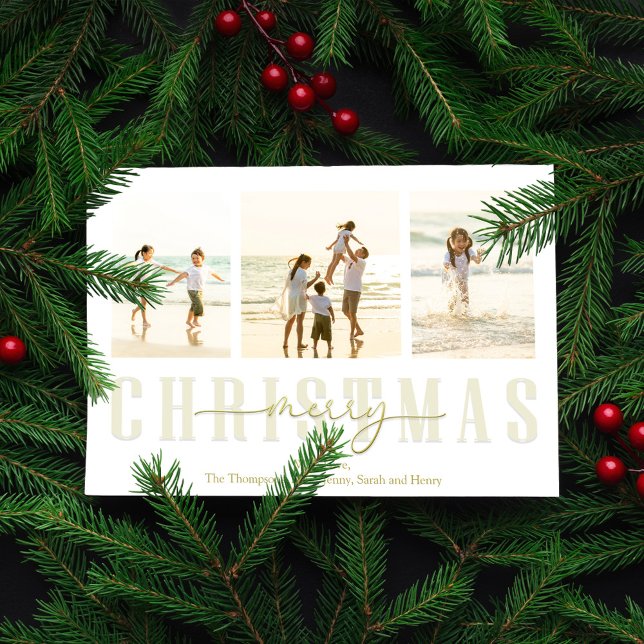 Merry Christmas Elegant Gold Calligraphy 4 Photo Holiday Card (Merry Christmas gold calligraphy script photo card. )