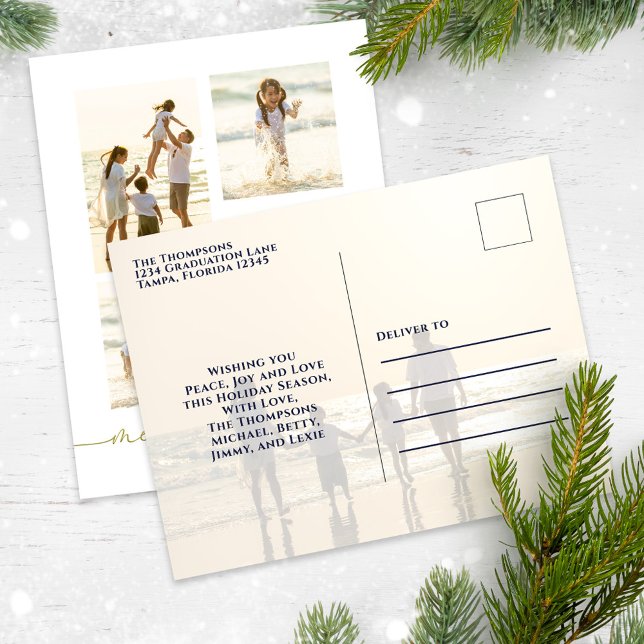 Merry Christmas Elegant Gold Calligraphy 5 Photo Holiday Postcard (Merry Christmas elegant gold five-photo template postcard. )