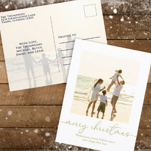 Merry Christmas Elegant Gold Calligraphy Two Photo Holiday Postcard