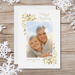 Merry Christmas Elegant Gold Foliage Photo  Foil Holiday Card