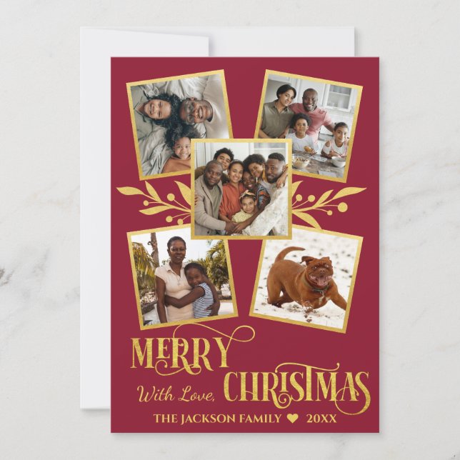 Merry Christmas Elegant Gold Photo Collage   Holiday Card (Front)