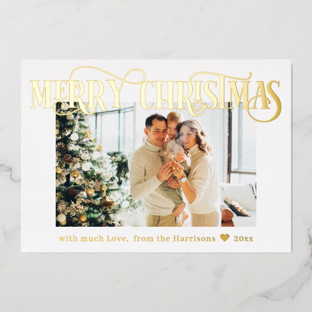 Merry Christmas Elegant Gold Photo White  Foil Holiday Card (Front)