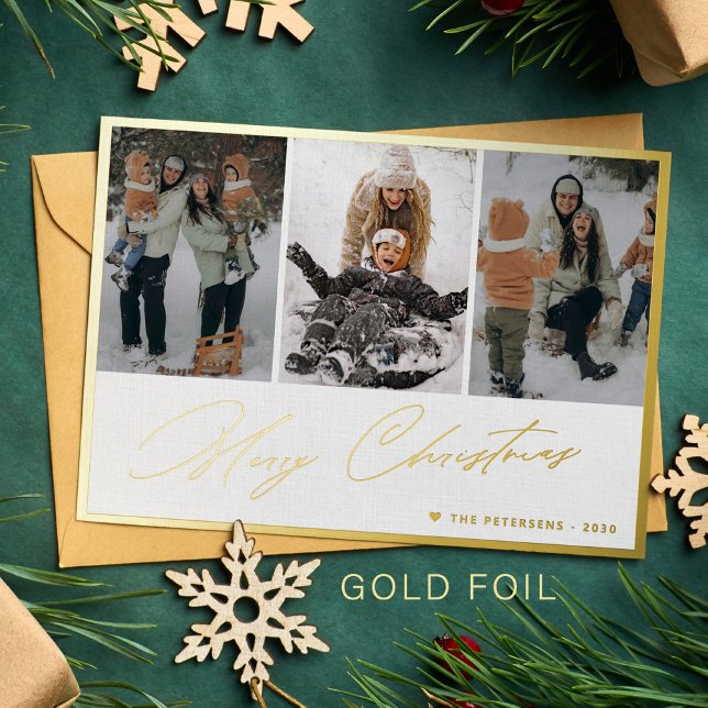 Merry Christmas elegant gold script photo collage Foil Holiday Card (Creator Uploaded)