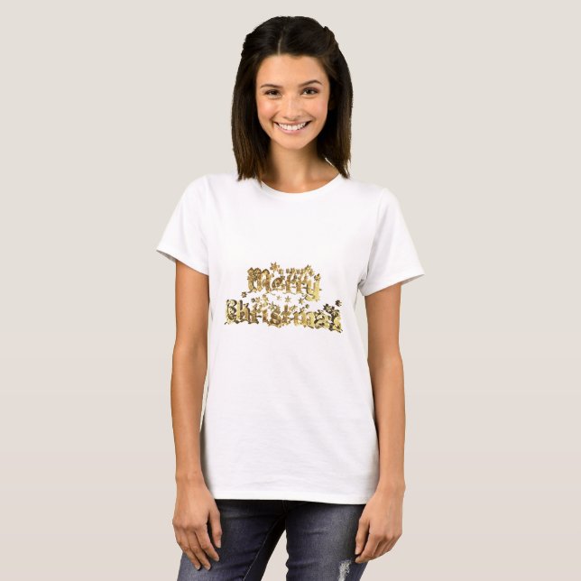 Merry Christmas Elegant Gold Stars Typography T-Shirt (Front Full)