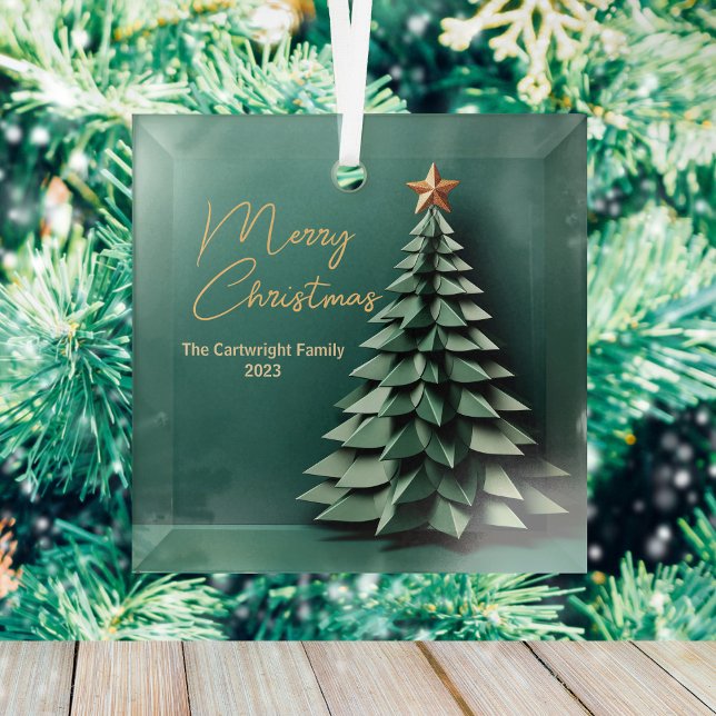 Merry Christmas Elegant Green Gold Custom Keepsake Glass Tree Decoration (Creator Uploaded)