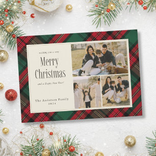 Merry Christmas Elegant Green Red Plaid 3 Photos Holiday Card