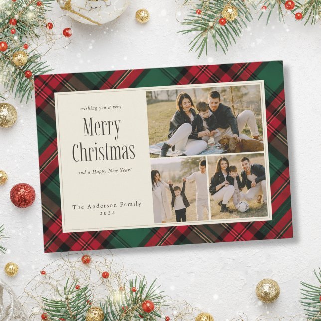 Merry Christmas Elegant Green Red Plaid 3 Photos Holiday Card (Merry Christmas Elegant Green Red Plaid 3 Photos Holiday Card)
