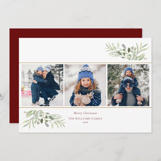 Merry Christmas Elegant Greenery Modern 3 Photo Holiday Card (Front/Back)