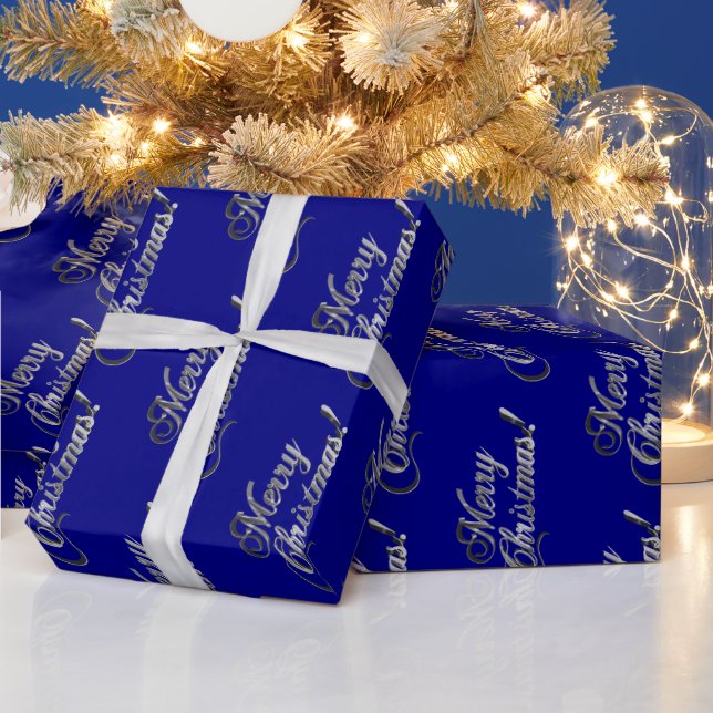 Merry Christmas Elegant Navy Blue and Silver Grey  Wrapping Paper (Holidays)