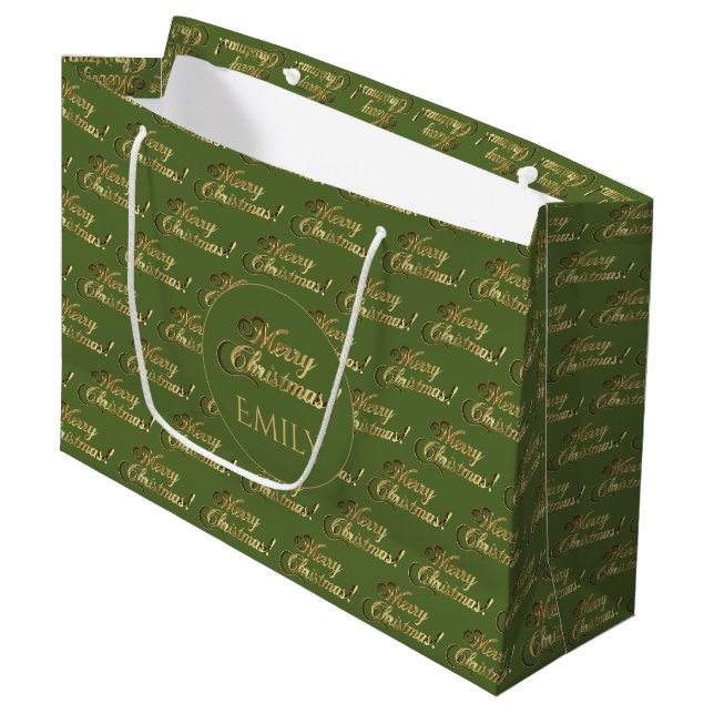 Merry Christmas Elegant Olive Green Gold Script Large Gift Bag (Front Angled)