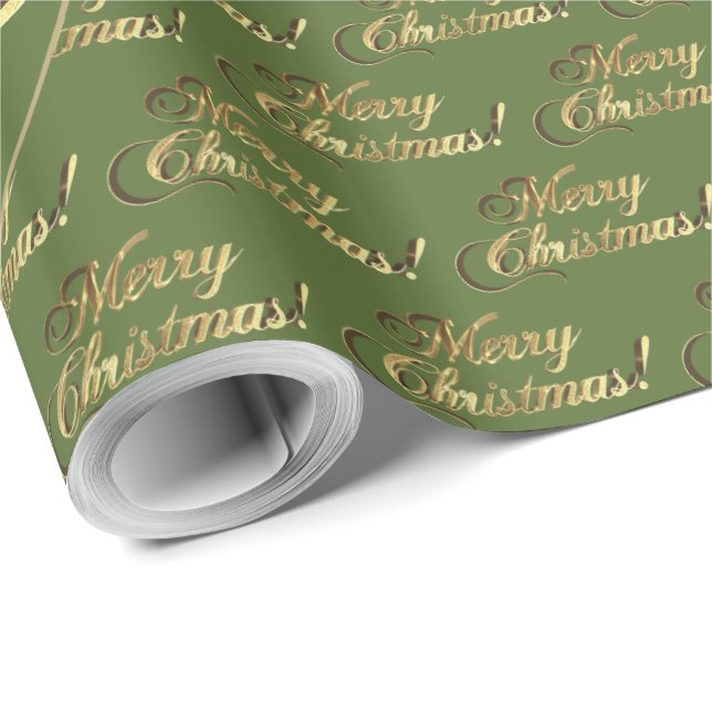 Merry Christmas Elegant Olive Green Gold Script Wrapping Paper (Roll Corner)
