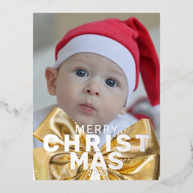 Merry Christmas elegant one photo  Foil Holiday Postcard (Front)