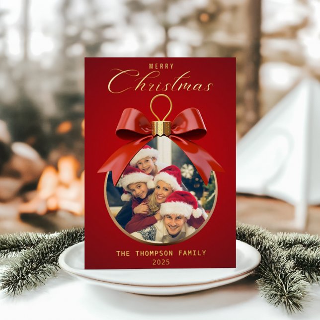 Merry Christmas Elegant One Photo ornament frame Foil Holiday Card (Creator Uploaded)